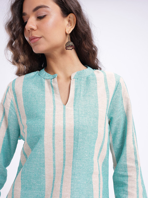 Anouk Rustic Striped Mandarin Collar Straight Kurti - Image 6