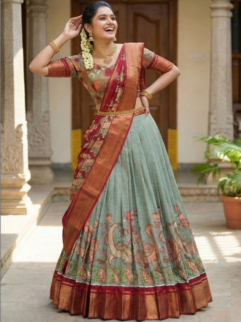 KALINI Printed Kalamkari Ready to Wear Lehenga & Unstitched Blouse With Dupatta