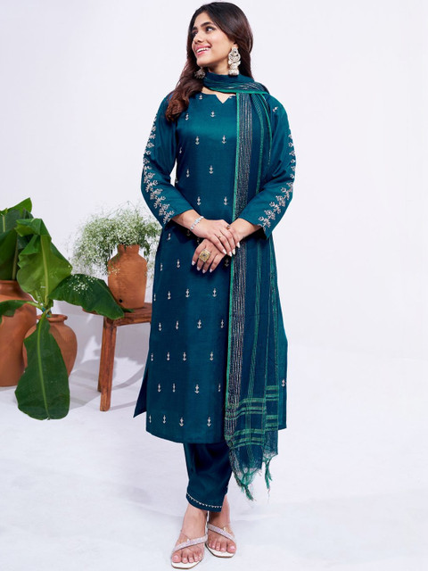 PITRIS Women Ethnic Motifs Embroidered Regular Thread Work Kurta with Trousers & With Dupatta