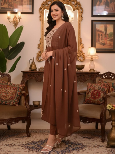 KALINI Women Ethnic Motifs Embroidered Regular Thread Work Kurta with Trousers & With Dupatta - Image 3