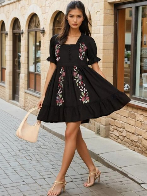 KALINI Floral Embroidered Puff Sleeve Fit & Flare Dress