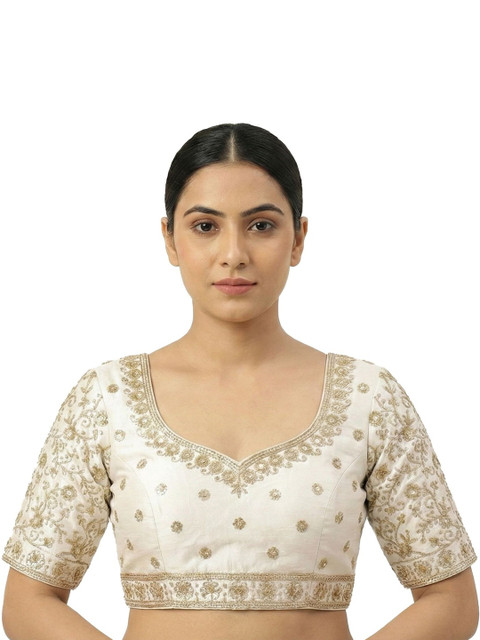 PU FASHION Embroidered Round Neck Short Sleeves Saree Blouse