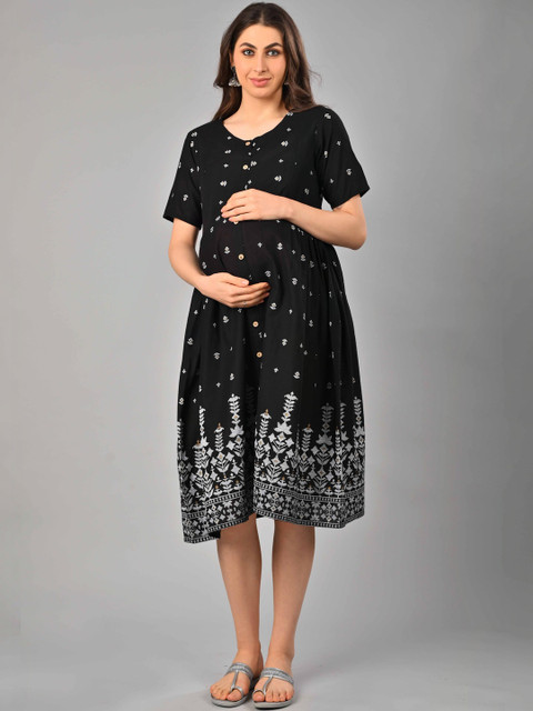 Negen Ethnic Motifs Print Maternity Fit & Flare Dress