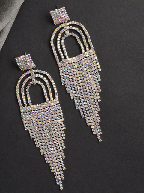 VAMA Women Silver Stud Dangler Rhinestone Long Earrings