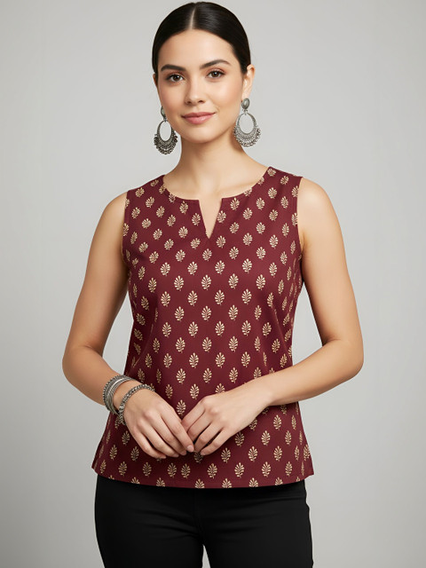 KEIYONA Print Keyhole Neck Ethnic Cotton Top