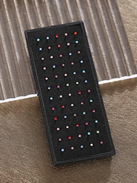 VAMA Women Set of 60 Pcs Silver Piercing Diamond Stone Pierced Studs Nosepin