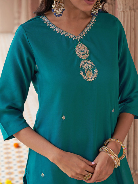 KALINI Women Floral Embroidered Zari Straight Kurta With Trousers & Dupatta - Image 2