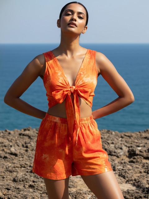 Aoba Women Orange Tie- Dye Printed Cotton Beachwear Cover Up Set