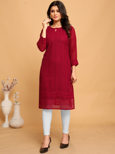 Pantos Women Embroidered Chikankari Floral Georgette Kurta