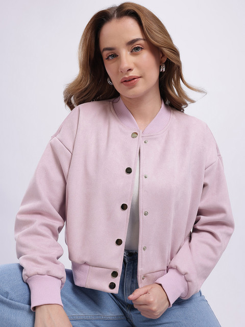 glitchez Stand Collar Suede Finish Oversized Crop Bomber Jacket