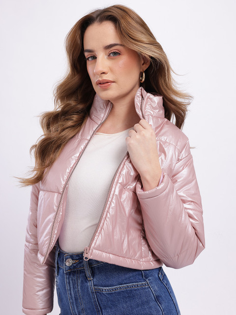 glitchez Sheen Effect Crop Puffer Jacket
