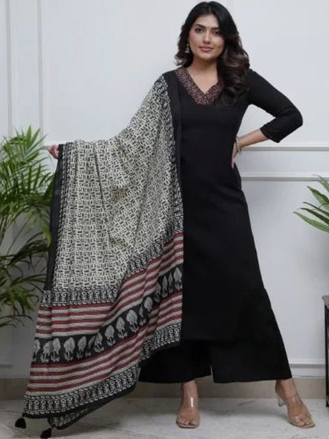 THE52 Women Embroidered Regular Kurta with Palazzos & With Dupatta