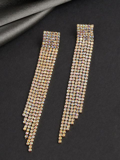 VAMA Women Gold Dangler Rhinestone Glittering Chain Long Earrings