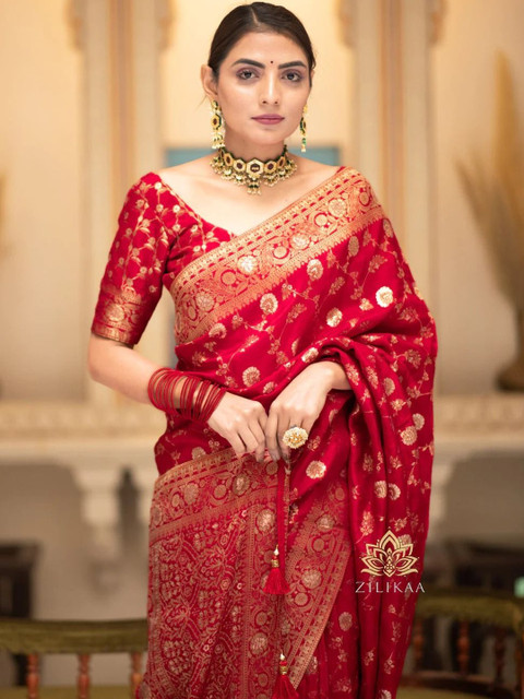 ALBIRA CREATION Ethnic Motifs Zari Silk Blend Heavy Work Banarasi Saree