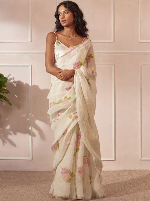 SILKWEAR Floral Linen Blend Designer Saree