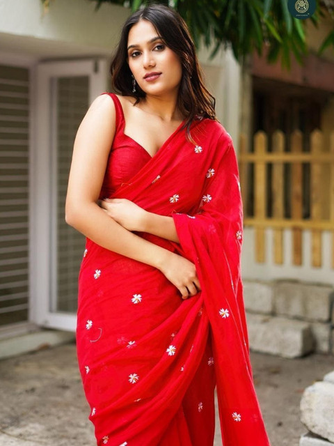 ACHOL Floral Embroidered Pure Cotton Saree