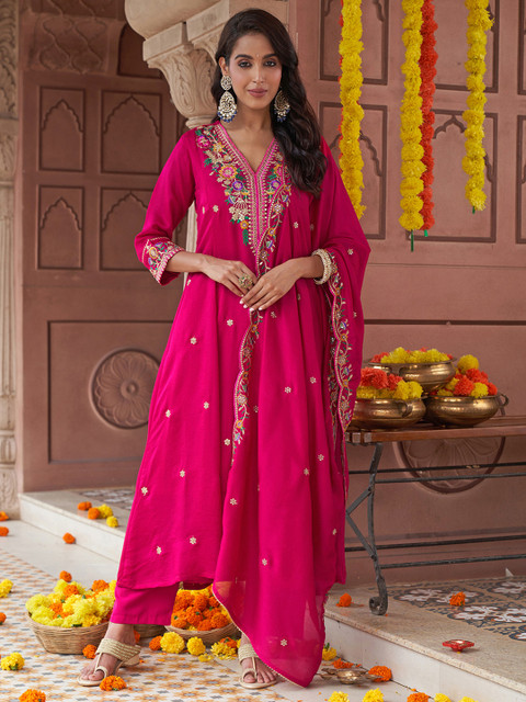 KALINI Women Floral Embroidered Regular Thread Work Kurta with Trousers & With Dupatta