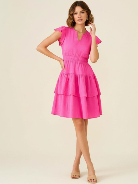 DressBerry Flutter Sleeve Ruffled Crepe Fit & Flare Dress