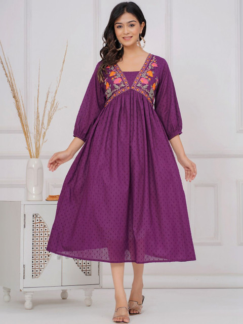 HERE&NOW Floral Embroidered A-Line Midi Dress