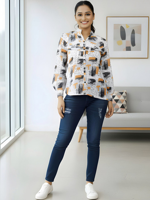 Moda Rapido Print Mandarin Collar Bishop Sleeves Ruffles Georgette Top - Image 7