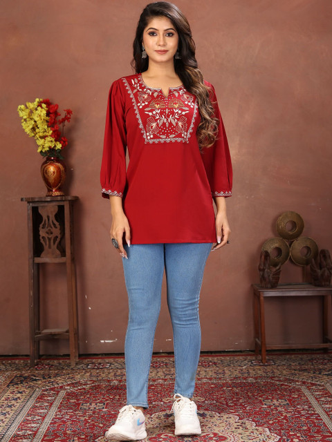 Moda Rapido Embellished Embroidered Bishop Sleeves Ethnic Top