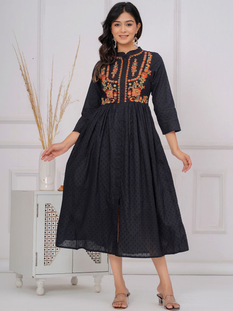 HERE&NOW Floral Embroidered A-Line Midi Dress