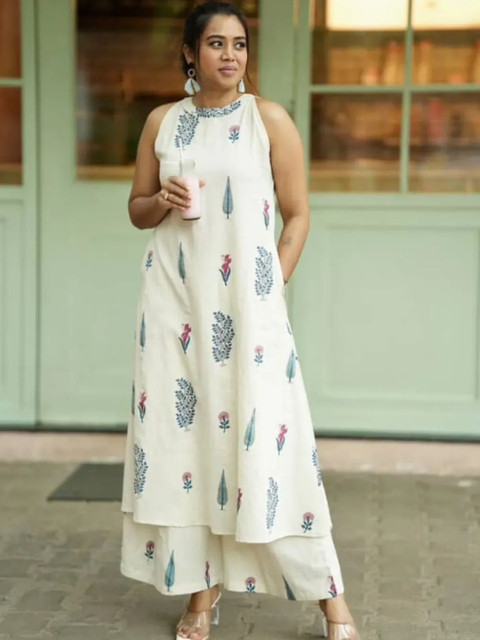 Keitra Women Floral Printed Regular Pure Cotton Kurta with Trousers