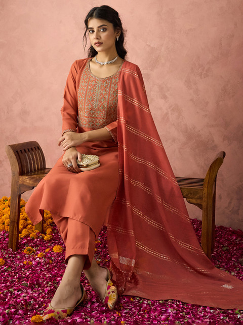 Anouk Mirage Women Ethnic Motifs Embroidered Regular Thread Work Kurta with Trousers & With Dupatta