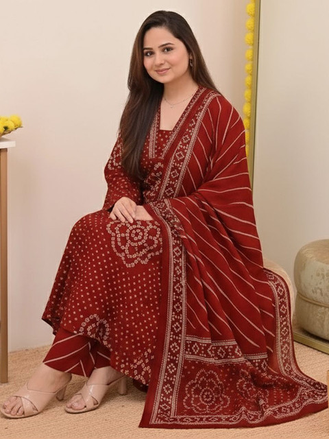 GoSriKi Women Bandhani Printed Regular Kurta with Trousers & With Dupatta