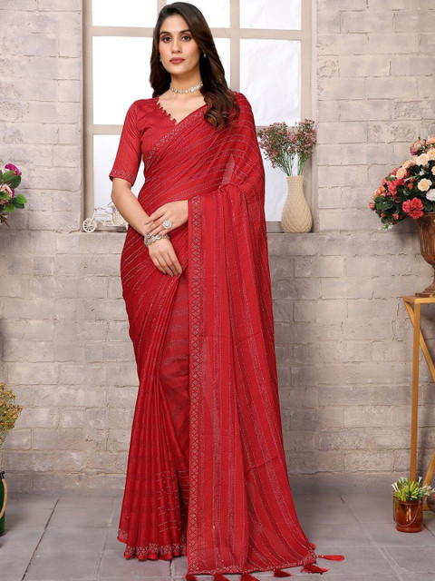 SZN Embellished Sequinned Poly Georgette Heavy Work Saree