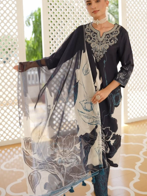 KALINI Floral Printed Organza Dupatta with Tassles