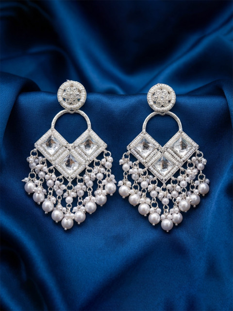 TESSARA Gold-Plated Artificial Stones Studded & Beaded Floral Shaped Drop Earrings