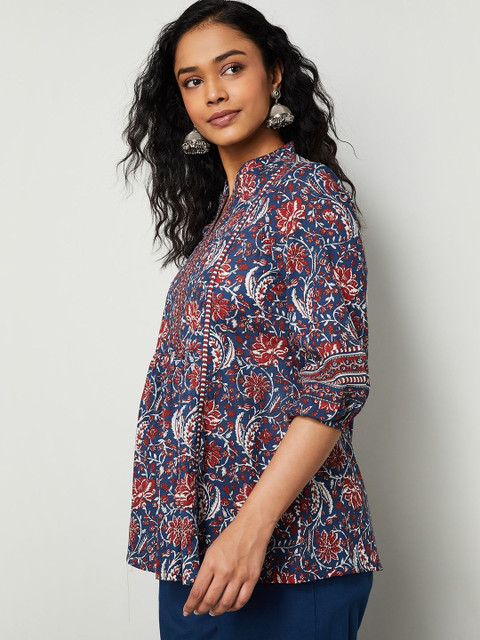 Melange by Lifestyle Floral Print Mandarin Collar Ethnic Cotton Top