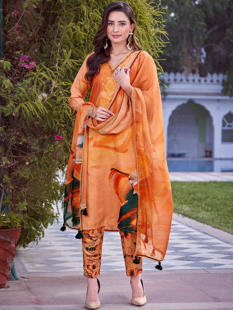 KALINI Printed Organza Dupatta with Tassles