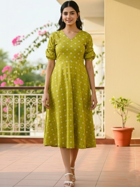KALINI Polka Dot Print Puff Sleeve Fit & Flare Midi Dress
