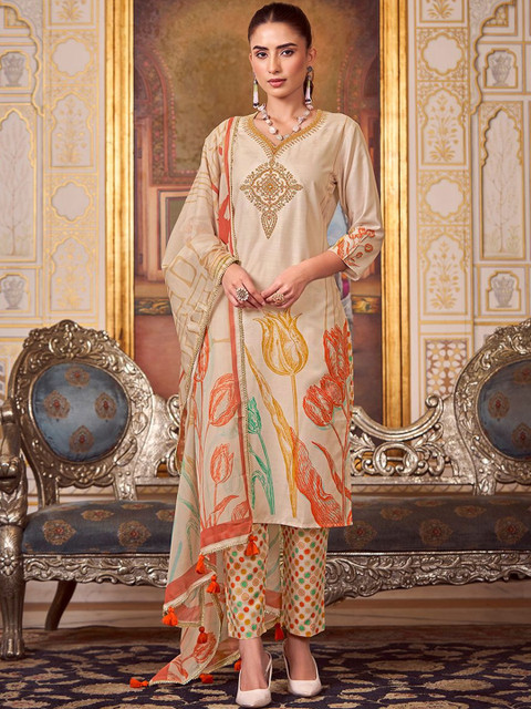 KALINI Floral Printed Organza Dupatta with Tassles