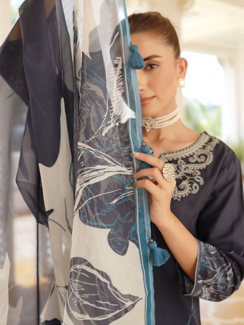KALINI Floral Printed Organza Dupatta with Tassles - Image 2