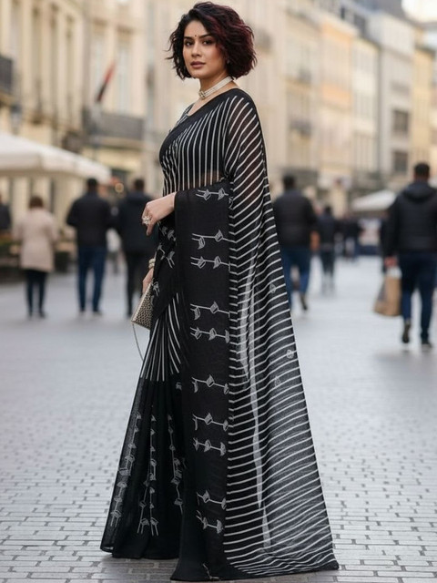 STYLE MODA Striped Fusion Saree - Image 2