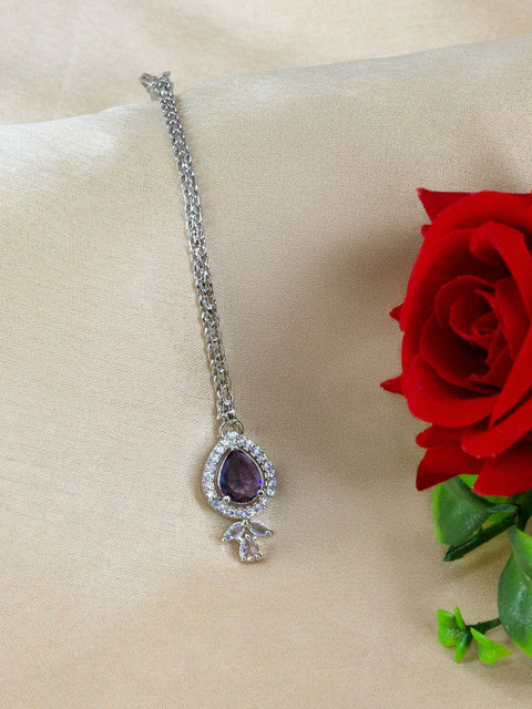 PRIVIU Rhodium-Plated American Diamond Studded Maang Tikka Head Jewellery