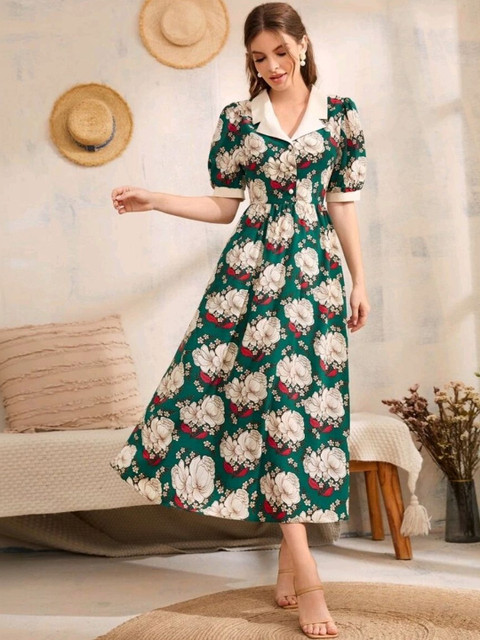 KI STUDIO Floral Print Puff Sleeve Fit & Flare Midi Dress