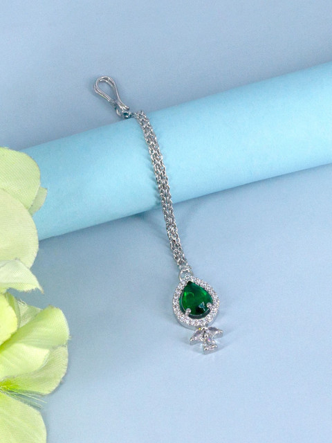 PRIVIU Rhodium-Plated American Diamond Studded Maang Tikka Head Jewellery