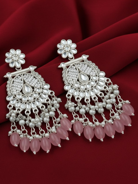 TESSARA Gold Plated Artificial Stones Studded & Beaded Floral Drop Earrings