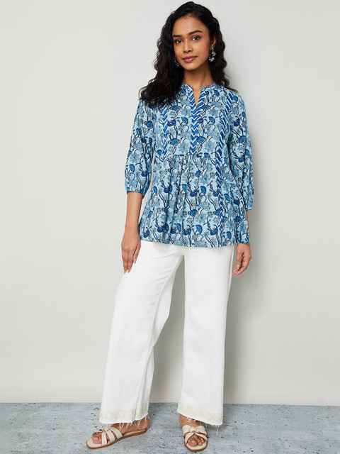 Melange by Lifestyle Floral Print Mandarin Collar Cotton Top