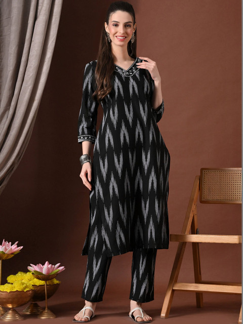 KJFAB Women Ethnic Motifs Printed Regular Thread Work Pure Cotton Kurta with Pyjamas