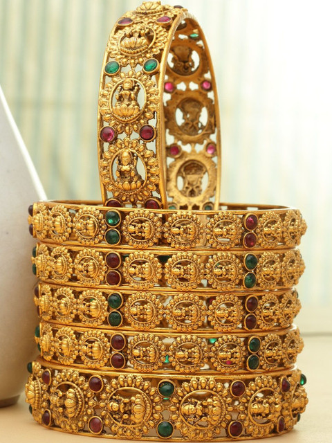 PANASH Set Of 6 24 CT Gold Plated AD Stone Studded Adjustable Bangles
