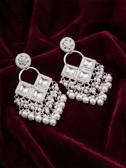 TESSARA Gold-Plated Artificial Stones Studded & Beaded Floral Shaped Drop Earrings - Image 2