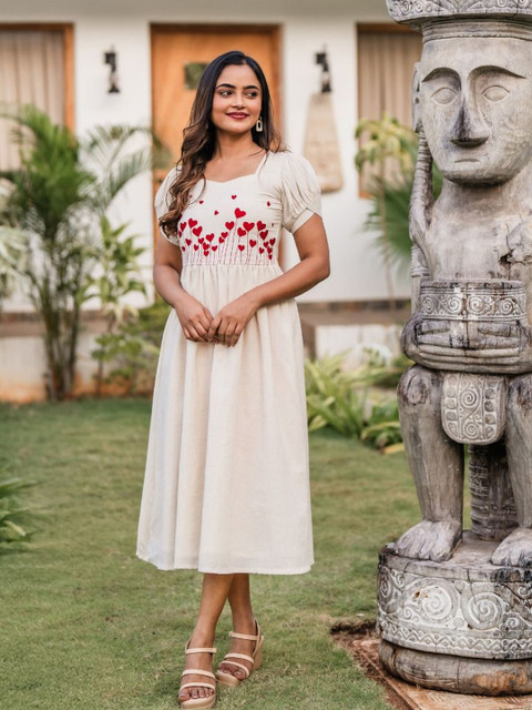 Pantos Embroidered Puff Sleeve Fit & Flare Midi Dress