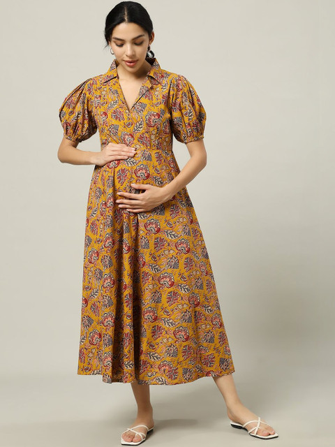 Pahanawa Floral Print Puff Sleeve Maternity A-Line Midi Dress