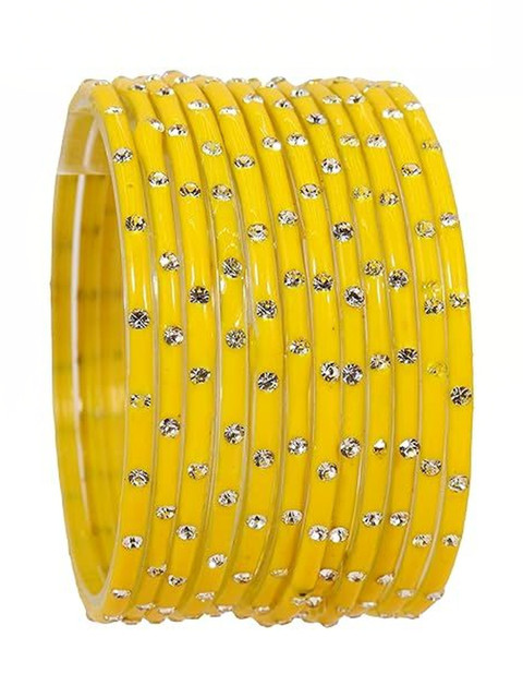 ABU FASHION Set of 24 Yellow & White Zircon-Studded Glass Bangles