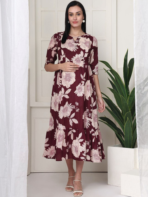 Frempy Floral Print Maternity A-Line Midi Dress